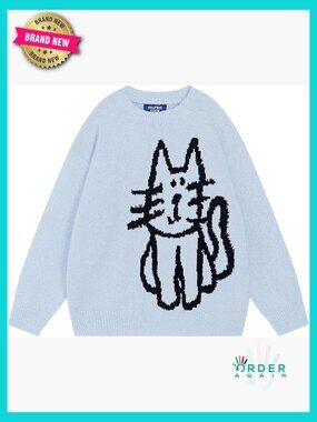 Oversized Cat Print Pullover Sweater Cozy Long Sleeve Crew Neck Y2K Fall